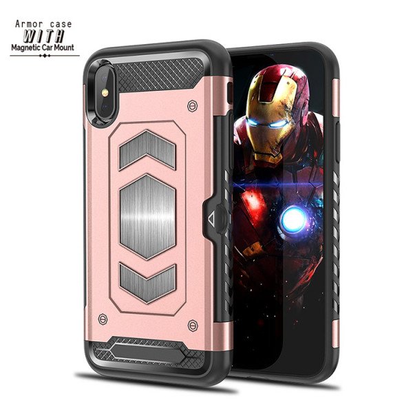 Wholesale iPhone Xs Max Metallic Plate Case Work with Magnetic Holder and Card Slot (Rose Gold)